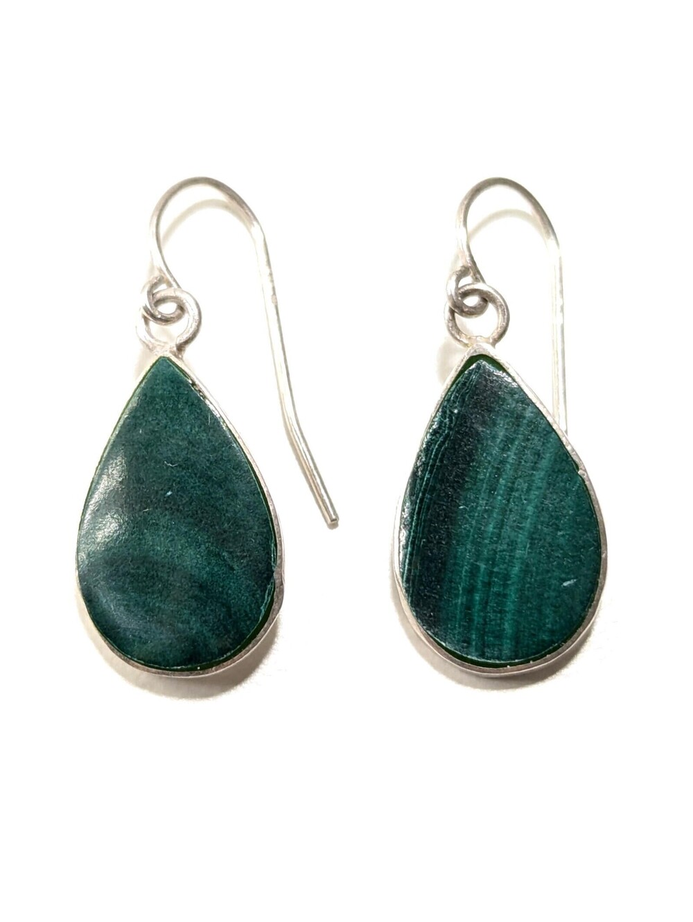 Sterling Silver Malachite Green Teardrop Marked 925 Dangle Stylish Earrings 2.4g - Picture 1 of 7